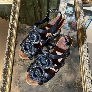 Miu Miu designer high heel sandals black leather embellished with wooden heels